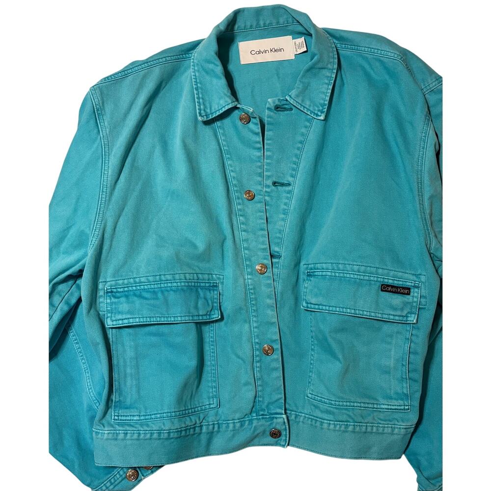 Calvin Klein Turquoise Oversized Men’s 2XL Cropped Denim Utility Jacket Y2K EUC